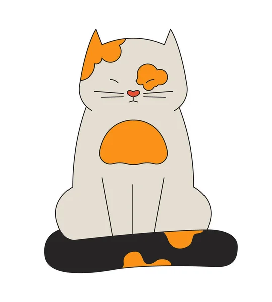 Sleepy Cat Squinting Eyes Linear Cartoon Character Spotted Feline Pet — Stock Vector
