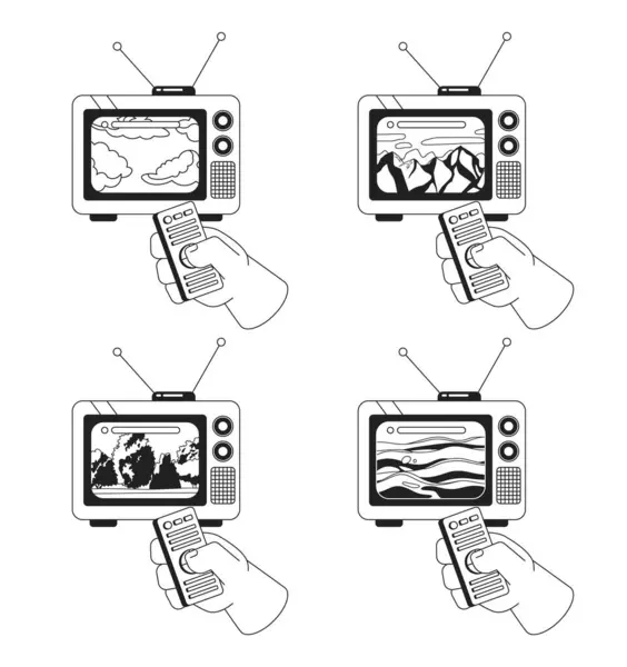 Barışçıl Manzara Retro Televizyonu Siyah Beyaz Illüstrasyon Seti Izliyor Uzaktan — Stok Vektör