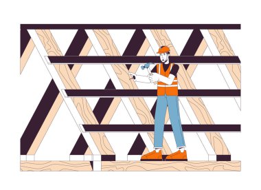 Roofing construction site line cartoon flat illustration. Caucasian male roof contractor 2D lineart character isolated on white background. Construction man working on roof scene vector color image clipart