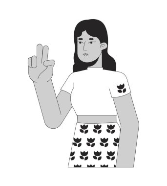 Siyah-beyaz iki parmaklı Latin genç yetişkin çizgi film karakteri. İspanyol kadın selfie 'si izole edilmiş vektör hatlarını alıyor. Sözsüz jest tek renkli düz nokta çizimi