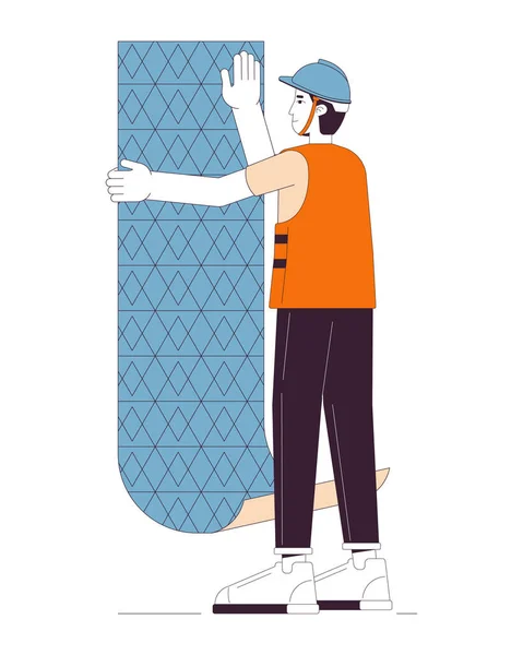 Professional Hanging Wallpaper Line Cartoon Flat Illustration Caucasian Male Wallcovering — Stock Vector