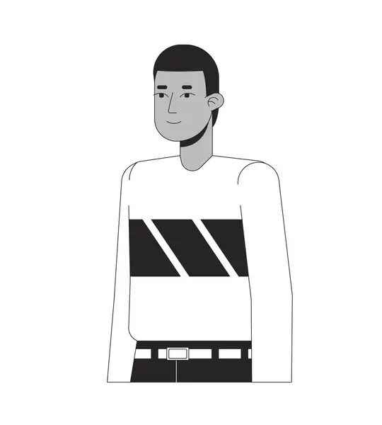 Afroamerikanisch Kurzhaarige Junge Mann Steht Schwarz Und Weiß Linie Zeichentrickfigur — Stockvektor