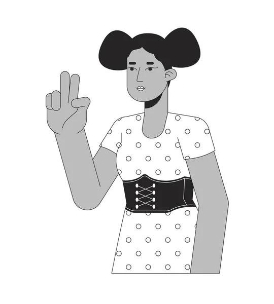 Африканско Американский Мирный Знак Девочки Черно Белый Двухмерный Мультяшный Персонаж — стоковый вектор