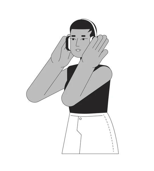 ショートヘア アフリカ系アメリカ人の少女ヘッドホン 黒と白の2Dライン漫画のキャラクター 幸せな女性メラニアックは ベクターアウトラインの人を隔離しました ポッドキャストリスナー モノクロマティックフラットスポットイラスト — ストックベクタ