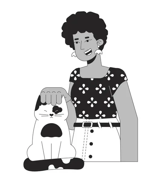 Kedi Kafasını Okşayan Afro Saçlı Kadın Siyah Beyaz Çizgi Film — Stok Vektör