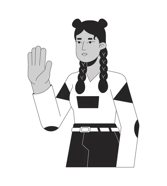 Stylish Hispanic Girl Hello Wave Black White Line Cartoon Character — Stock Vector