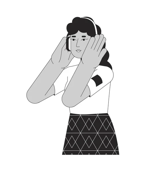 ヘッドフォンの女性ラテンアメリカの黒と白の2Dライン漫画のキャラクター 音楽を聴くメキシコの若い女性は ベクターのアウトラインを単離しました ポッドキャストリスナー モノクロマティックフラットスポットイラスト — ストックベクタ