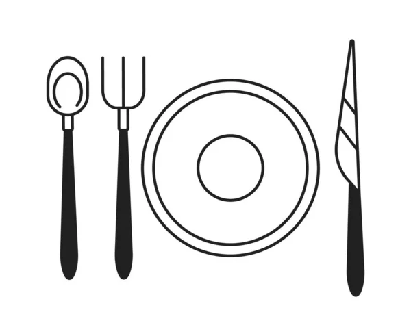 Cutlery Setting Black White Cartoon Object Banquet Flatware Isolated Vector — Stock Vector