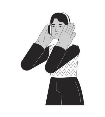 Kulaklıklar Orta Doğulu kadın siyah beyaz çizgi film karakteri. Mutlu melomanyak Arap kız izole edilmiş vektör çizgisi kişisi. Podcast dinle, müziğin tadını çıkar monokromatik düz nokta illüstrasyonu