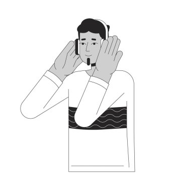 Kulaklıklar Hintli sakallı, siyah beyaz çizgi film karakteri. Güney Asyalı müzik dinleyen adam izole edilmiş vektör hatlı kişiden daha iyi. Podcast dinleyicisi monokromatik düz nokta çizimi