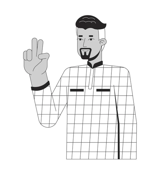 Confiado Árabe Hombre Signo Victoria Blanco Negro Línea Dibujos Animados — Vector de stock