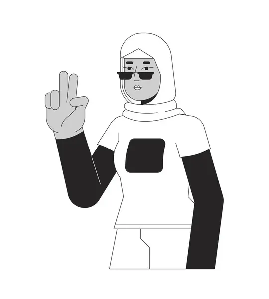 时尚的穆斯林女性展示了胜利的黑色和白色2D线条卡通人物 太阳镜戴头巾的女人自己带着孤立的病媒轮廓的人 两个手指向上单色平面点画 — 图库矢量图片