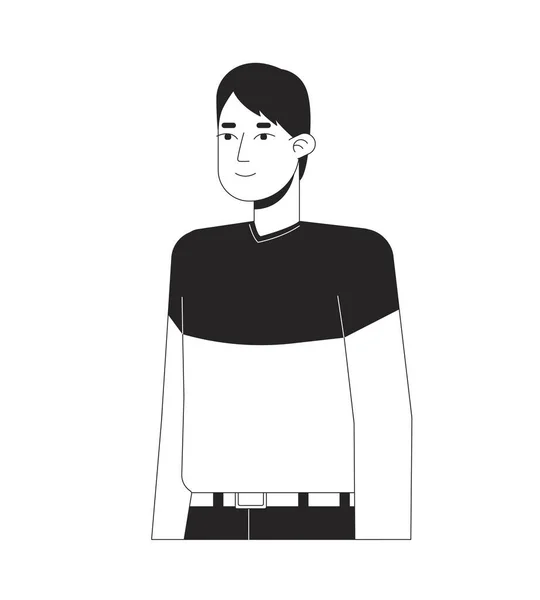 身穿休闲装的韩国人 穿着黑色和白色2D线条卡通人物 放松姿势孤立的病媒轮廓人 快乐的亚洲男人整洁整洁的衣服单色扁平的地方插图 — 图库矢量图片