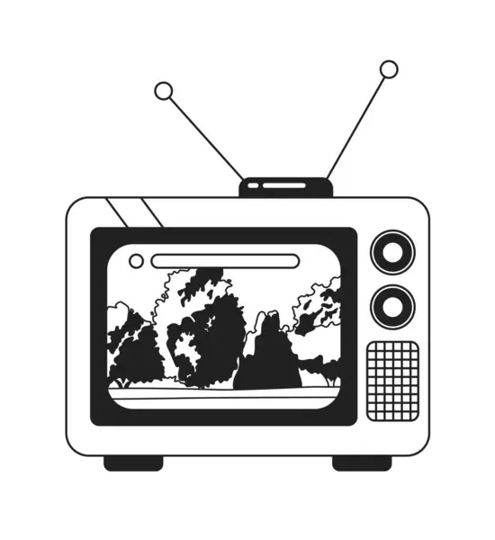 七十年代电视黑白二维卡通片上的Tranquil公园树木 老式复古电视节目孤立矢量轮廓项目 观看怀旧表现单色扁平点画 — 图库矢量图片