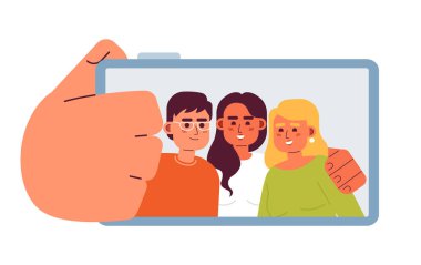 Arkadaş selfie yarı düz renk vektör karakterleri. Akıllı telefondan fotoğraf çekiyor. Arkadaşlarla özel bir an. Kurgulanabilir tüm vücutlu insanlar beyaza. Web grafik tasarımı için basit karikatür nokta çizimi