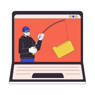 Hırsız, dizüstü bilgisayar ekranı düz çizgi konsept nokta illüstrasyonu. Phishing saldırısı. Ağ UI tasarımı için beyaz üzerine 2D karikatür ana hatları. Düzenlenebilir izole edilmiş renkli kahraman resmi