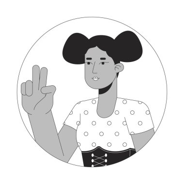 Afro-Amerikan barış işareti kız siyah-beyaz 2D vektör avatar çizimi. Çizgi film karakteri yüzü izole edilmiş. Düz kullanıcı profili görüntüsü alırken selfie konumu