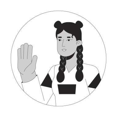 Zarif İspanyol kız merhaba dalgası siyah-beyaz 2B vektör avatar çizimi. Genç Latin kökenli olumlu karşılama çizgi film karakteri yüzü izole edildi. Elini bırak. Düz kullanıcı profili resmi okunuyor