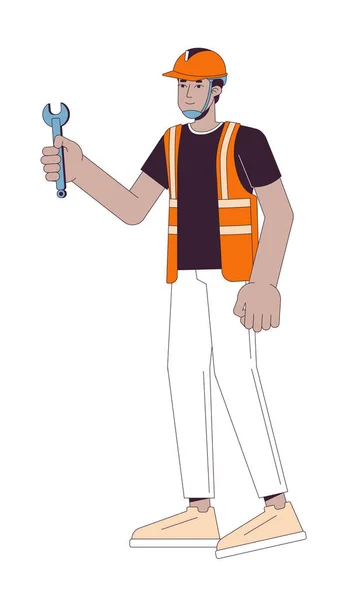 Indian Repairman Construction Worker Linear Cartoon Character South Asian Male — Stock Vector