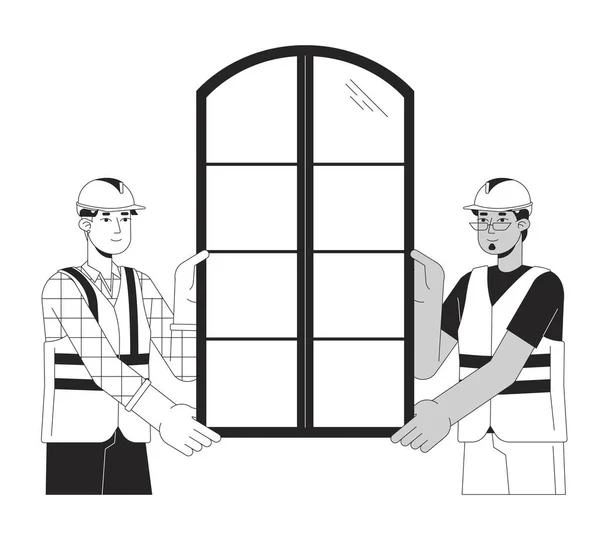 Window Installers Holding Frame Black White Line Cartoon Characters Diverse — Stock Vector