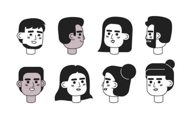 Çok kültürlü insanlar mutlu siyah-beyaz 2B vektör avatarları çizimi. Farklı cinsiyetler ve yaştaki kadınlar, erkekler çizgi film karakterlerini izole ediyor. Gülümseyen düz kullanıcı profili resimleri paketi