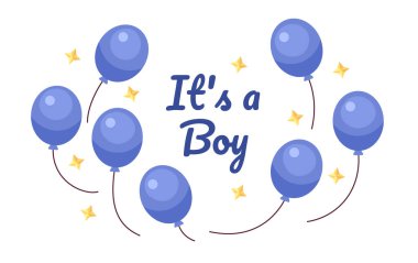 Erkek cinsiyeti balonları gösteriyor. Kartvizit tasarımı. Hamilelik öncesi bebek duşu renkli düz resimli beyaz arka plan. Yenidoğan bekleyen 2B karikatür vektör resmi, olay özel durum kartpostalı