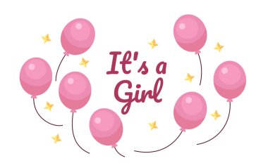 Kız cinsiyeti balonları gösteriyor. Kartvizit tasarımı. Hamilelik öncesi bebek duşu renkli düz resimli beyaz arka plan. Beklenti 2D karikatür vektör resmi, olay özel durum kartpostalı