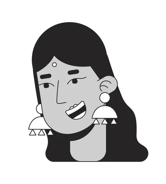 黒と白の2Dライン漫画のキャラクターヘッドを微笑む伝統的なヒンドゥーの女性 インドの花嫁の隔離されたベクターの輪郭の人間の表面 ビンディモノクロマティックフラットスポットイラストを着ている南アジアの女性 — ストックベクタ