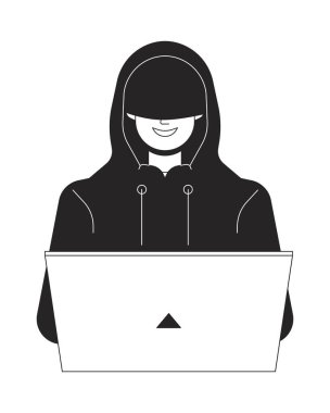Kapüşonlu bilgisayar korsanı düz çizgi siyah beyaz vektör karakteri. Dizüstü bilgisayarda kodlama. Siber uzay. Düzenlenebilir taslak, tam vücut çalışanı. Web grafik tasarımı için basit karikatür izole nokta çizimi