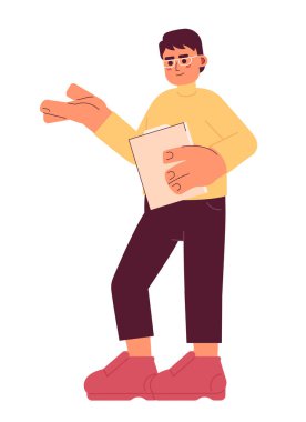 Gözlüklü Asyalı adam 2D çizgi film karakterini okuyor. Koreli erkek öğretim görevlisi, beyaz arka plan vektörü izole etti. Yetişkin üniversitesi profesörü elinde düz nokta çizimi tutuyor.