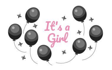 Kız cinsiyeti balonların tek renkli tebrik kartı vektörünü ortaya çıkarıyor. Hamilelik partisi siyah-beyaz resimli tebrik kartı. Beklenti 2B ana çizgi film kartı, özel durum kartpostal resmi