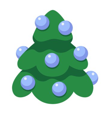 Baubles Noel ağacı 2D çizgi film nesnesi. Cam süslemeler, çam ağacı izole edilmiş vektör öğesi, beyaz arkaplan. Bayram aralık ladini. Dekoratif takılar x-mas renk düz nokta çizimi