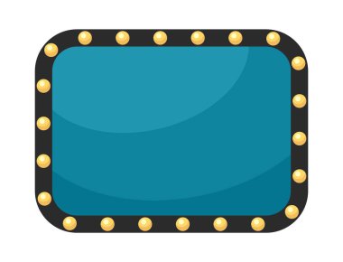 Ampul çerçevesi 2D karikatür nesnesi. Boş sinema işareti izole edilmiş vektör ögesi beyaz arkaplan. Sınır tabelası. Retro ampuller parlıyor. Altın çerçeve kumarhane rengi düz nokta illüstrasyonu