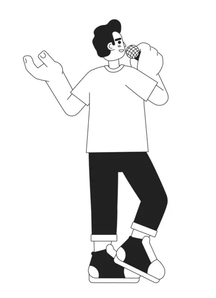 西班牙裔成年人对着话筒讲黑色和白色二维卡通人物 拉丁美洲男性孤立的病媒轮廓人 拉丁裔站起来喜剧演员单色平面插画 — 图库矢量图片