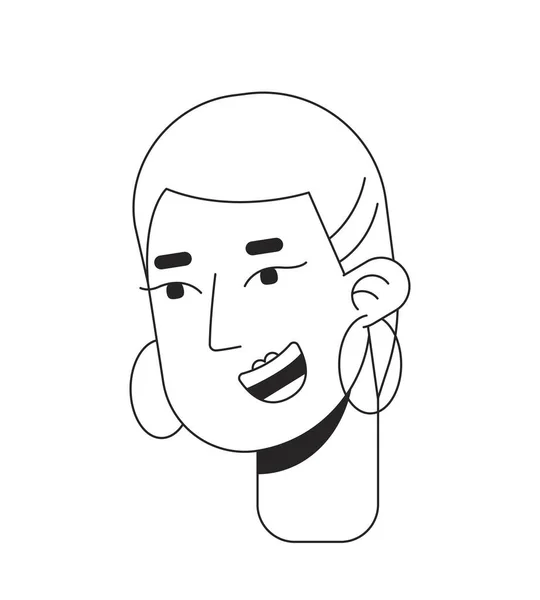 Bold Woman Wearing Hoops Earrings Black White Line Cartoon Character — Stock Vector