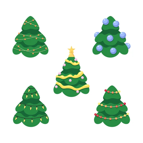 メリークリスマスツリー2Dアニメオブジェクトセット 明るい新年の照らされた火は単離されたベクトル項目白い背景を撃ちます Christmastree ライトの装飾された弦色のフラットスポットのイラスト コレクション — ストックベクタ