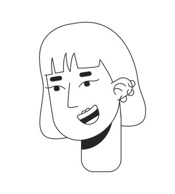 Boyalı saçlı Koreli kpop kızı siyah beyaz çizgi film karakteri başı. Kulak piercingleri Asyalı bir kadının izole edilmiş yüz hatları. Kaküllü Bob saç kesimi tek renkli düz nokta çizimi