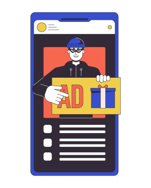 Düz çizgi konsept nokta illüstrasyonunun reklamını yapıyorum. Reklama tıklamak için arıyorum. Ağ UI tasarımı için beyaz üzerine akıllı telefon 2D karikatür ana hatlı nesne. Siber Suçlar Düzenlenebilir Renkli Kahraman