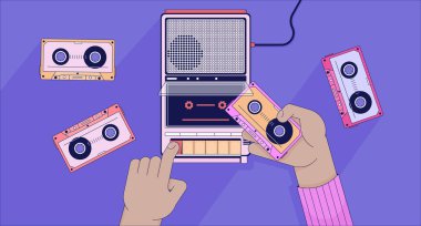 Oyuncu lofi duvar kağıdına kaset yerleştiriliyor. 80lerin müziklerini dinlerken 2D eller çizgi filmlerdeki düz çizimler. Kayıt cihazı soğutma vektör sanatı içine bant koymak, lo fi estetik arkaplan