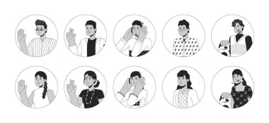 Mutlu Hintliler Güney Asyalılar siyah-beyaz 2D vektör avatarları çizim seti. Hindu kadınlar, erkek çizgi film karakterleri izole edilmiş durumdalar. Kulaklık tak, kedi bakımı düz kullanıcı profili resim koleksiyonu