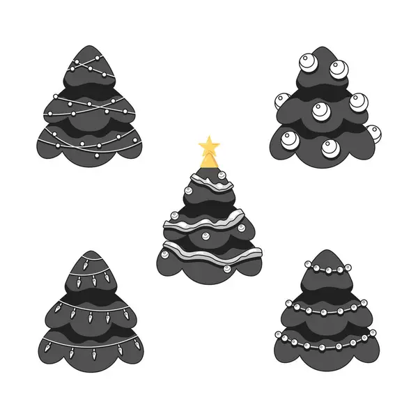 Feliz Navidad Árboles Blanco Negro Objetos Dibujos Animados Conjunto Año — Vector de stock