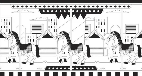 Sunset City Carousel Horses Black White Lofi Wallpaper Fairground Merry — Stock Vector