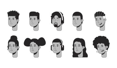 Afro-Amerikan milenyum siyah-beyaz çizgi film karakteri. Siyah gen z izole vektör ana hatları insanları yönetir. Genç yetişkin kadın, erkek monokromatik düz nokta çizim demeti