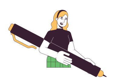 Kafkasyalı genç kadın yazar 2D çizgi film karakteri. Avrupalı kadın metin yazarı, izole edilmiş çizgi vektörü beyaz arka plan. Kalemi tutuyorum. İçerik yazma rengi düz nokta çizimi