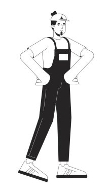 Beyaz tulumlu, siyah-beyaz çizgi film karakteri beyaz bir ev taşıyıcısı. Güçlü Avrupalı erkek tamirci izole edilmiş vektör çizgisi kişisi pozu veriyor. Belirlenmiş monokromatik düz nokta çizimi