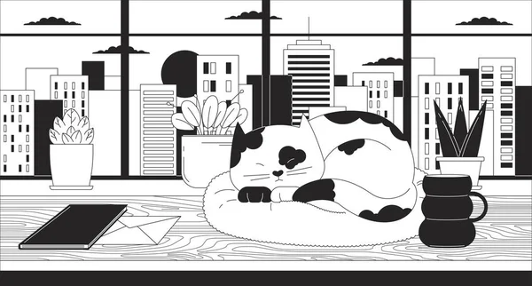 Cityscape Puesta Sol Acogedor Escritorio Con Gato Dormido Fondo Pantalla — Vector de stock