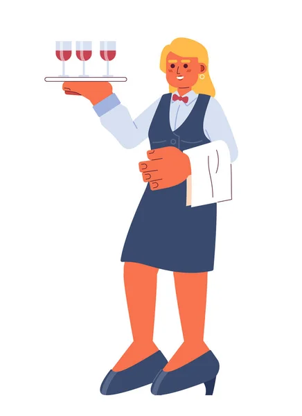 女服务员餐厅卡通平面插图 白种人的女性女主人服务器 带有盘形玻璃窗2D字符 在白色背景下隔离 为服务人员提供场景矢量彩色图像 — 图库矢量图片