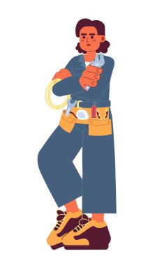 Becerikli kadın aletleri karikatür düz illüstrasyon. Otomobil tamircisi kadın, beyaz arka planda izole edilmiş Latin Amerikalı 2D karakter. Latin teknisyen yenileme atölyesi sahne vektör renk görüntüsü