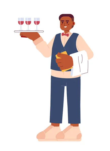 服务卡通画平面插图的服务员 非裔美国男性餐厅服务器与托盘2D字符隔离的白色背景 Sommelier男人 提供婚宴场景矢量彩色图像 — 图库矢量图片