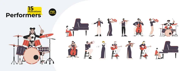 Musicians People Diverse Line Cartoon Flat Illustration Bundle Music Performers — Stock Vector